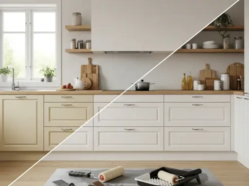 Cocina antes y después de lacar muebles. Gabinetes amarillos transformados a blanco, listos para renovar.