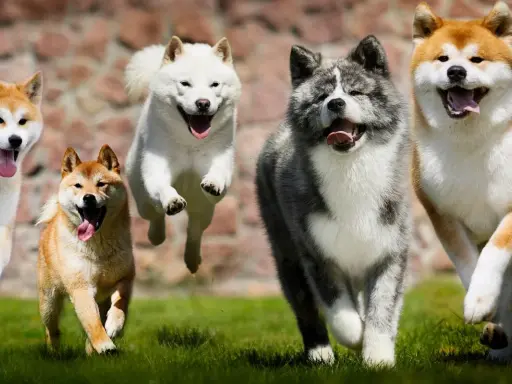 Cinq chiens de race japonaise, Akita Inu, courent joyeusement sur l'herbe.