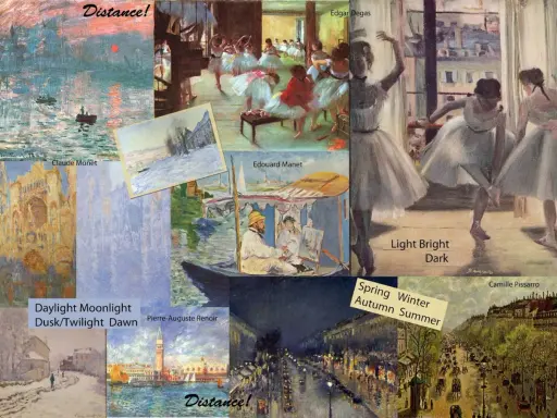 En samling verk av franska impressionister som Claude Monet, Edgar Degas och Pierre-Auguste Renoir. Motiven varierar från balettdansöser till stadsvyer och landskap.