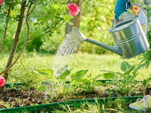 Arrosage du potager au petit matin. Une main gantée verse l'eau d'un arrosoir sur des plantes vertes et une rose.