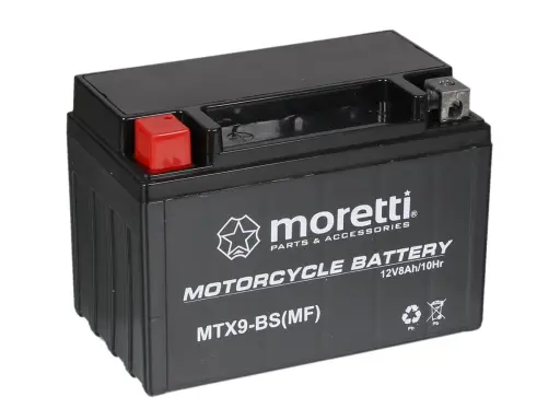 Czarny akumulator motocyklowy Moretti MTX9-BS(MF) 12V8Ah. Czy to model AGM czy żelowy?