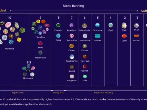 Tabela porównująca twardość kamieni szlachetnych: diament, szafir, rubin, szmaragd, ametyst, turkus, opal i inne. Poznaj nazwy kamieni szlachetnych i ich ranking Mohsa.