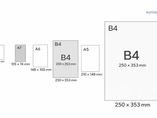Porównanie rozmiarów papieru: A8, A7, A6, B4 (250x353 mm) i A5. B4 jest większy od A5.