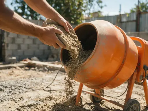 Man adding gravel to an orange cement mixer. The question of cuanto tarda en fraguar el hormigon es clave para la obra.