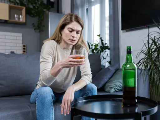 Kobieta z kieliszkiem alkoholu i butelką obok. Obraz symbolizuje 10 strat z picia alkoholu, pokazując jej smutek i zagubienie.
