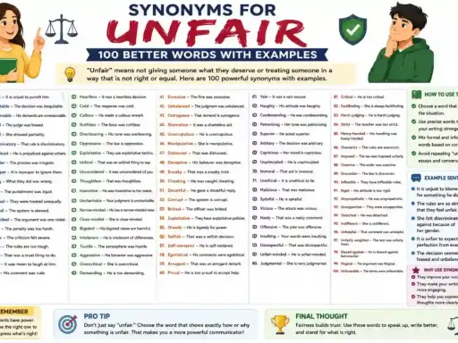 Une femme présente une liste de synonymes pour "injuste", expliquant comment utiliser ces mots pour une communication plus précise.