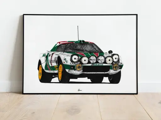 Rysunek kultowego Lancia Stratos w barwach Alitalii, gotowego do rajdu.