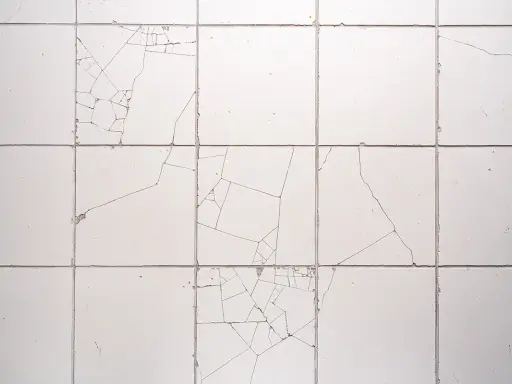 Uszkodzone płytki ceramiczne, widoczne pęknięcia tworzą mozaikę. Reklamacja płytek po położeniu jest konieczna.