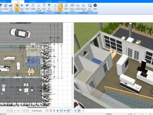 Grundriss einer Altbauwohnung mit Carport und 3D-Ansicht. Der Grundriss zeigt Räume, Maße und Möbel.