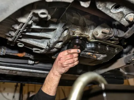 Ręka mechanika sprawdza wyciek z suchej miski olejowej.
