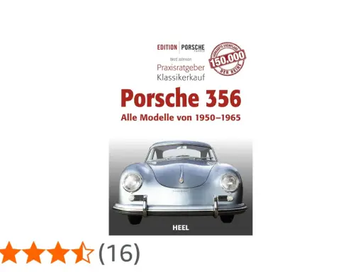 Okładka książki o Porsche 356, z widokiem na klasyczny samochód i informacją o 150 000 sprzedanych egzemplarzy.