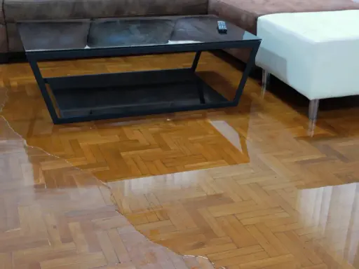 Un salon inondé, le parquet gondolé par l'eau. Une table basse et un pouf flottent dans le désastre.