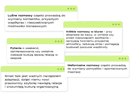 Luźne rozmowy, pytania o weekend i krótkie pogawędki przy kawie to small talk, który buduje relacje i sprzyja współpracy.