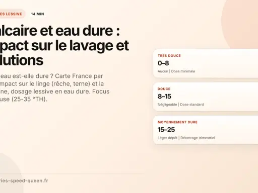 Carte de France sur le degré français de l'eau. Impact du calcaire sur le linge et la machine, avec des solutions pour chaque niveau de dureté.