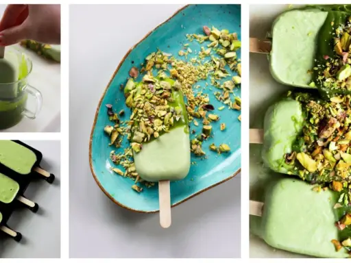 Pyszne lody na patyku w pistacjowej odsłonie, zanurzane w zielonej polewie i posypywane chrupiącymi orzechami.