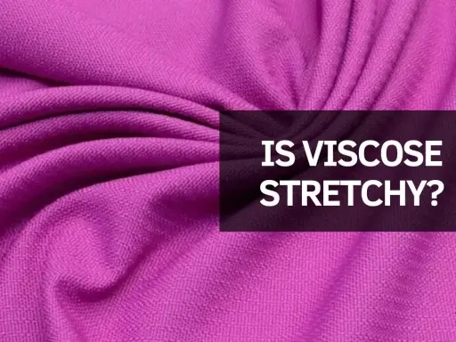 A close-up of a vibrant purple fabric with soft folds. Text overlay asks: "IS VISCOSE STRETCHY?