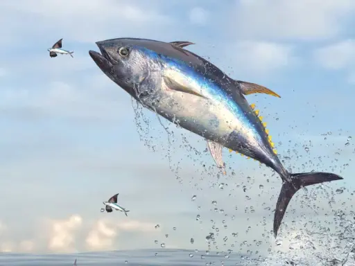 Un tonno balza fuori dall'acqua, circondato da spruzzi, con due pesci volanti che gli volano accanto. La pesca tonno è un'attività emozionante.