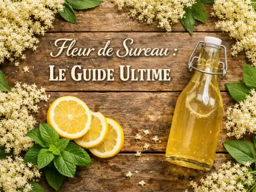 Fleurs de sureau : le guide ultime. Découvrez les bienfaits de cette plante aux multiples vertus, avec une bouteille de sirop, des citrons et de la menthe.