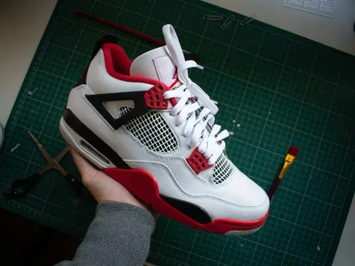 Białe buty Jordan 4 z czerwonymi akcentami, które wyglądają jak podróbki. Na stole leżą nożyczki i pędzel.