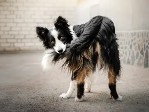 Czarno-biały pies rasy border collie, z brązowymi oczami, zabawnie gryzie swój puszysty ogon.