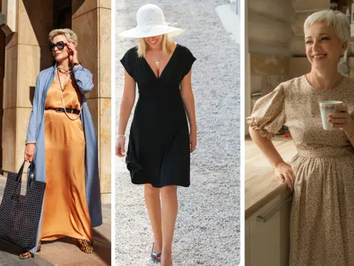 Eleganckie kroje sukienek: satynowa maxi, mała czarna i kwiecista midi.