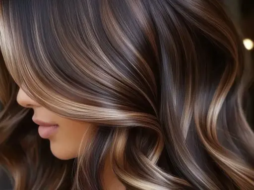 Cabello castaño con mechas melting que brillan, creando un efecto de luz y sombra en ondas suaves.