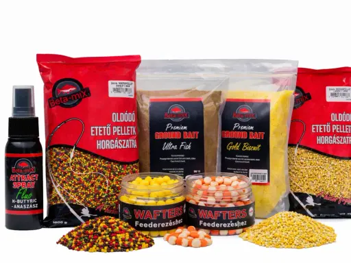 Zestaw zanęt Dynamite Baits: pellet, ground bait, spray i waftersy. Idealne do połowu ryb.