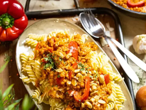 Fusilli mit einer herzhaften bolognese mit roten linsen, garniert mit Erdnüssen und Petersilie. Daneben liegen eine rote Paprika und Knoblauch.