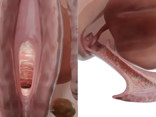 Vista 3D del canal vaginal con aspecto blanquecino y rugoso, indicativo de síntomas de candidiasis vaginal.