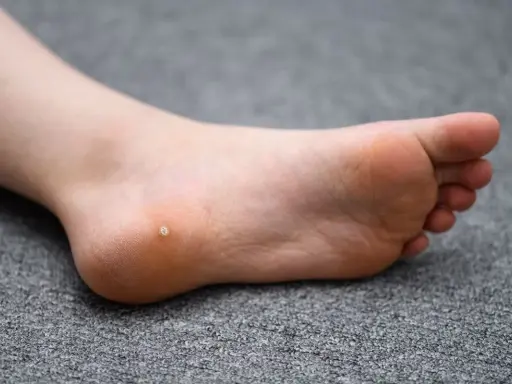 Piede con una piccola verruca inizio sul tallone, su sfondo grigio.