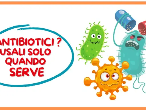 I batteri sono mostrati con espressioni spaventate mentre un antibiotico viene aperto. Il messaggio è: "Antibiotici? Usali solo quando serve".
