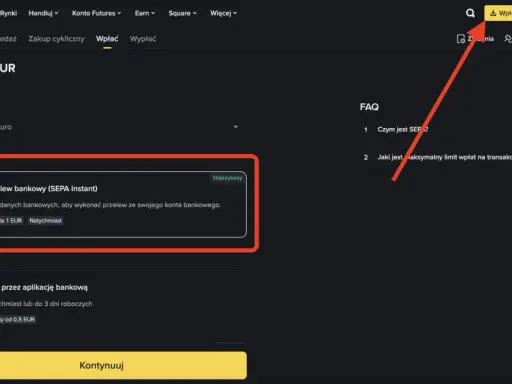 Wpłata EUR na Binance przez SEPA Instant. Prowizja 1 EUR. Podobnie jak w Revolut, można kupić kryptowaluty.