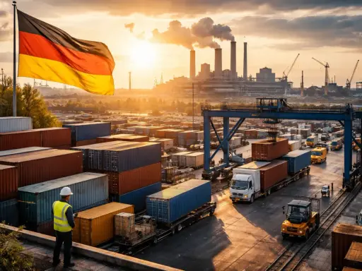 Niemiecka gospodarka w pełnym rozkwicie: port pełen kontenerów, ciężarówki i dźwigi pod flagą Niemiec, w tle elektrownia.