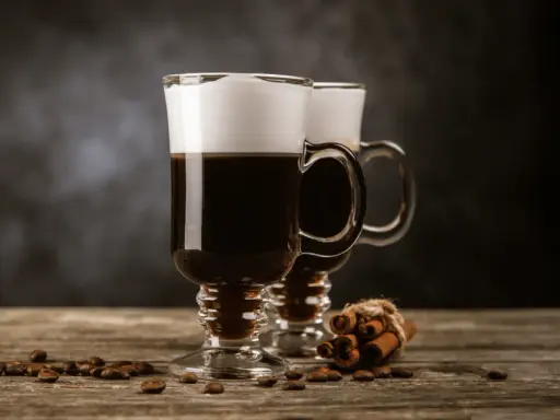 Två glas med kaffe och grädde, kaffebönor och kanelstänger på ett träbord. Perfekt för ostbollar till drinken.