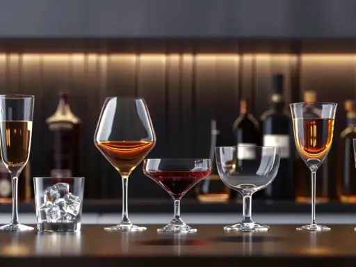 Różnorodne kieliszki z alkoholami na barze. Czasem brak magnezu objawy mogą być subtelne, jak pragnienie czegoś mocniejszego.