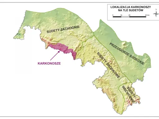 Mapa pokazuje lokalizację Karkonoszy na tle Sudetów Zachodnich, Środkowych i Wschodnich oraz Przedgórza Sudeckiego.