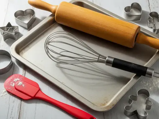 Utensilios de repostería: rodillo, batidor, espátula y varios tipos de moldes para galletas (corazón, estrella, hombrecito, círculo).