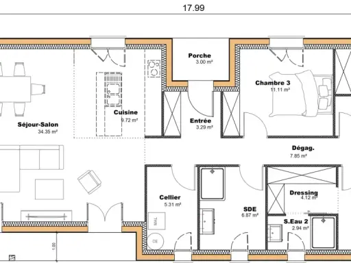 Plan d'une maison de plain-pied avec séjour-salon, cuisine, 3 chambres, terrasse bois. Idéal pour un projet de plan longère plain pied.
