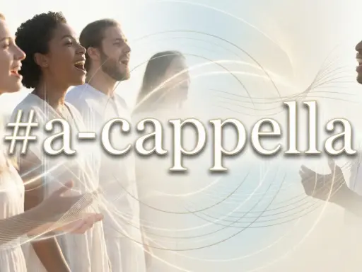Grupa ludzi śpiewa w harmonii, tworząc piękny śpiew bez akompaniamentu. Słowa "#a-cappella" unoszą się w powietrzu.