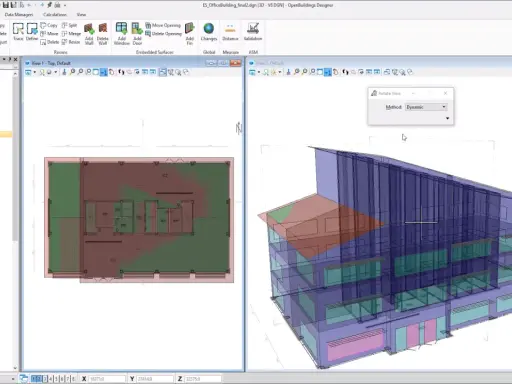 Interfaz de software para diseño de edificios, mostrando un modelo 3D y planos. Se observan herramientas BIM para la creación y modificación de elementos arquitectónicos.