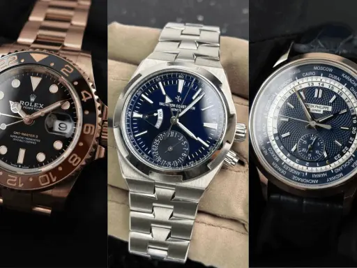 Tre orologi di lusso: Rolex GMT-Master II, Vacheron Constantin e Patek Philippe con complicazioni per fusi orari, mostrando il significato di GMT.
