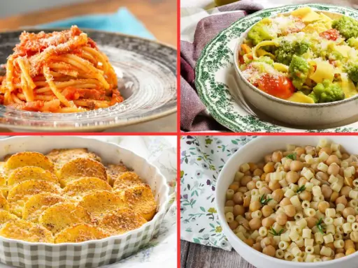 Un viaggio tra 10 piatti tipici del Lazio: spaghetti al pomodoro, pasta con verdure, patate al forno e pasta e ceci.