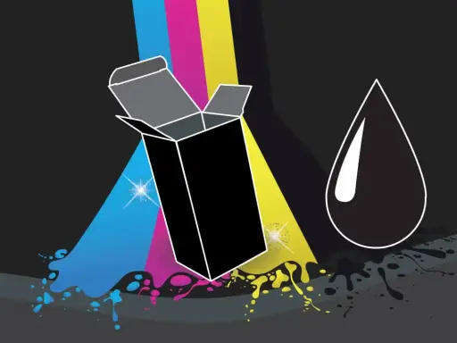 Caja abierta con salpicaduras de tinta cian, magenta y amarilla. Una gota de tinta **negro cmyk** cae a la derecha.