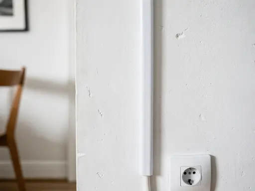 Une goulotte blanche est fixée verticalement sur un mur blanc, dissimulant des câbles. Une prise électrique est visible en bas à droite.