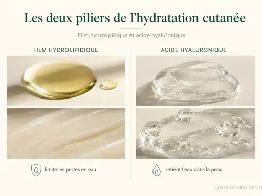 Gouttes d'huile et de gel transparent, dont l'acide hyaluronique, illustrant l'hydratation cutanée.
