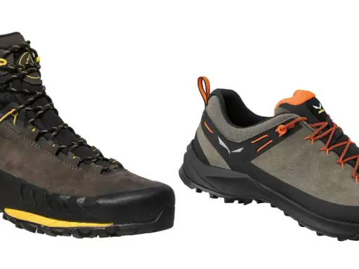 Dwa modele obuwia hikingowego: wysoki but La Sportiva i niski but Salewa, gotowe na górskie wyzwania.