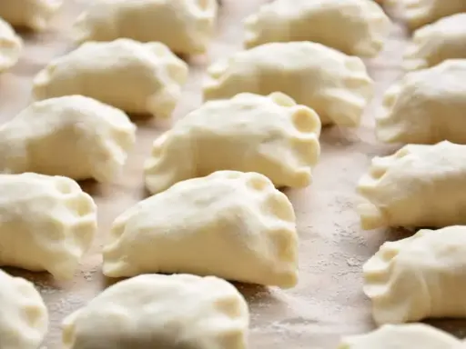 Gotowe do gotowania ciasto na pierogi, ułożone rzędami na blacie.