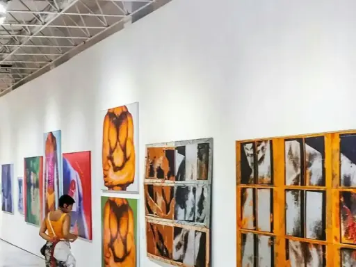 A person views colorful abstract paintings in a modern gallery, a stark contrast to a traditional museum.