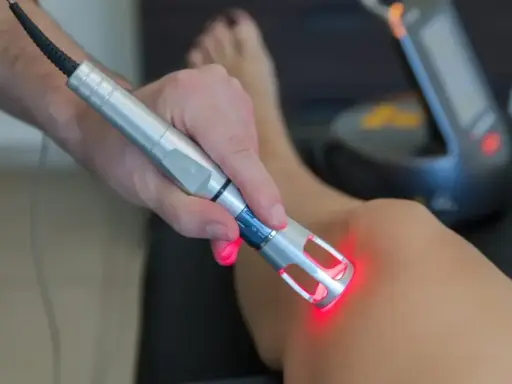 Fizjoterapeuta wykonuje laser zabieg rehabilitacyjny na kolanie pacjenta.