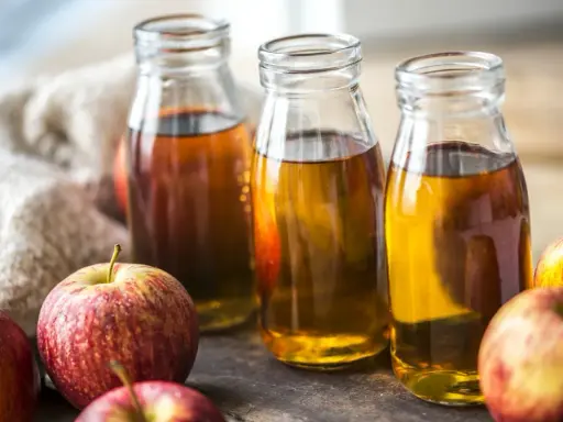 Tre bottiglie di aceto di mele, un rimedio naturale per i capelli prima dello shampoo, accanto a mele rosse su un tavolo di legno.